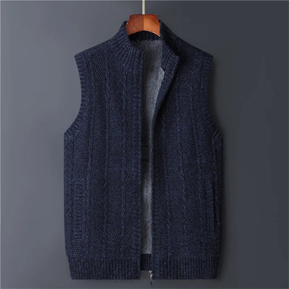 Winter Vest Men Sweater Zipper Warm Thick Male Cardigan Clothing Fleece Wool Liner  Sleeveless Jackets Vintage Black Red