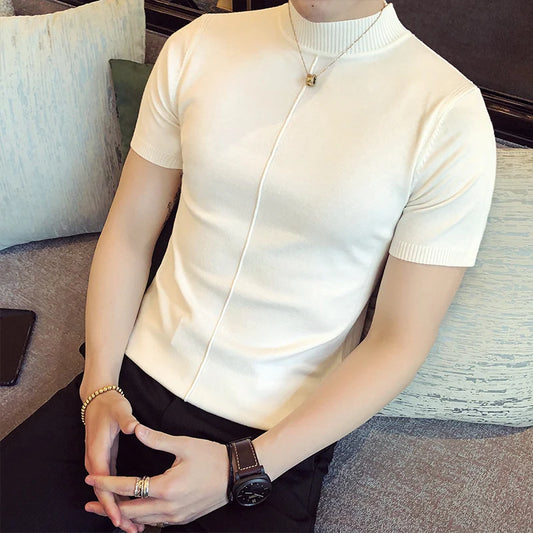 7 Colors Half High Collar Men T-shirt New 2026 Summer Short Sleeve  Solid Color Sweater Pullover T Shirt Slim Knitted Tees Top