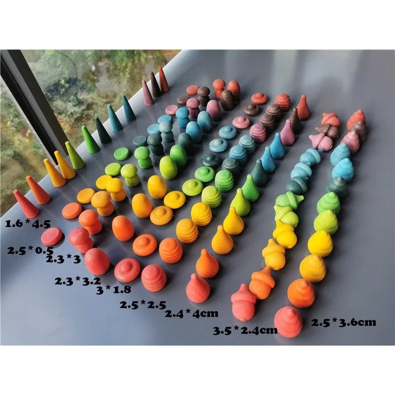 Kids Wooden Montessori Toys Rainbow Loose Parts Wood Mushrooms Honeycomb Droplets Bamboo Shoots Acorns Tree Cones