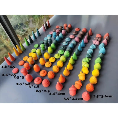 Kids Wooden Montessori Toys Rainbow Loose Parts Wood Mushrooms Honeycomb Droplets Bamboo Shoots Acorns Tree Cones