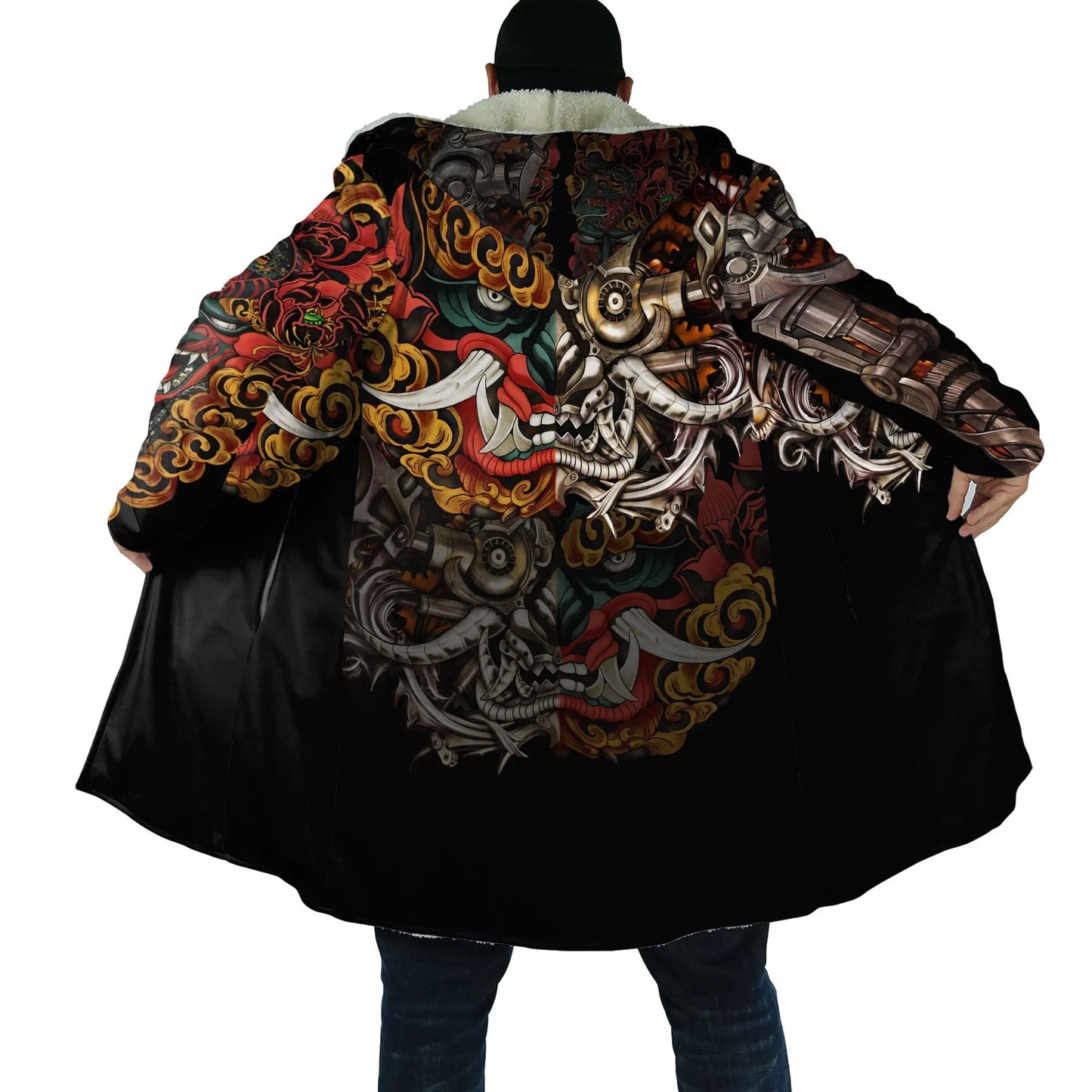 Drop shipping Winter Mens Cloak Samurai Oni Mask Tattoo 3D Printing Fleece Hooded cloak Unisex Casual Thick Warm Cape coat PF31