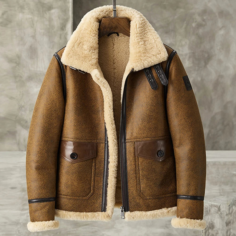 Denny&Dora Men's Vintage Brown Sheepskin Leather Jacket B3 Bomber Pilots Coat Fur Collar Flying Jacket