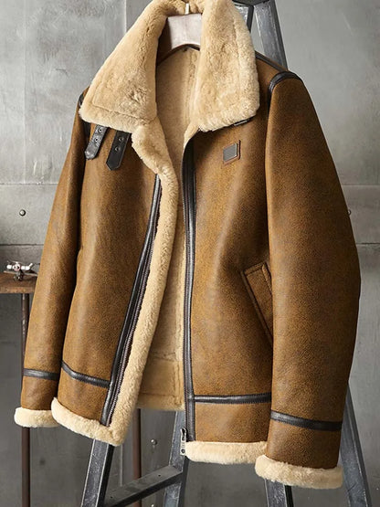 Denny&Dora Men's Brown Leather Shearling Bomber Jacket B3 Winter Parka Fur Coat Natural Sheepskin Outerwear for Cold Weather