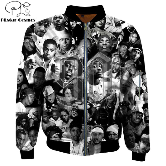 Fashion Men's Warm bomber jackets 90s rapper 2pac Tupac Printed 3d Thick Long Sleeve pocket outwear Unisex Casual Zipper jacket