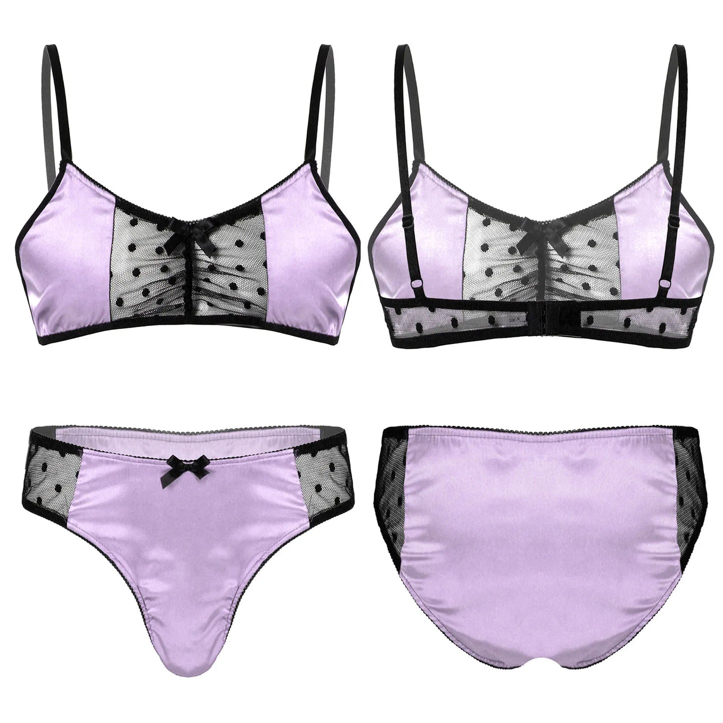 Men Satin Lingerie Suit Sissy Nightwear Sheer Mesh Patchwork Bra Tops with Briefs Thongs Exotic Sleepwear Gay Male Underwear
