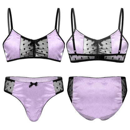 Men Satin Lingerie Suit Sissy Nightwear Sheer Mesh Patchwork Bra Tops with Briefs Thongs Exotic Sleepwear Gay Male Underwear