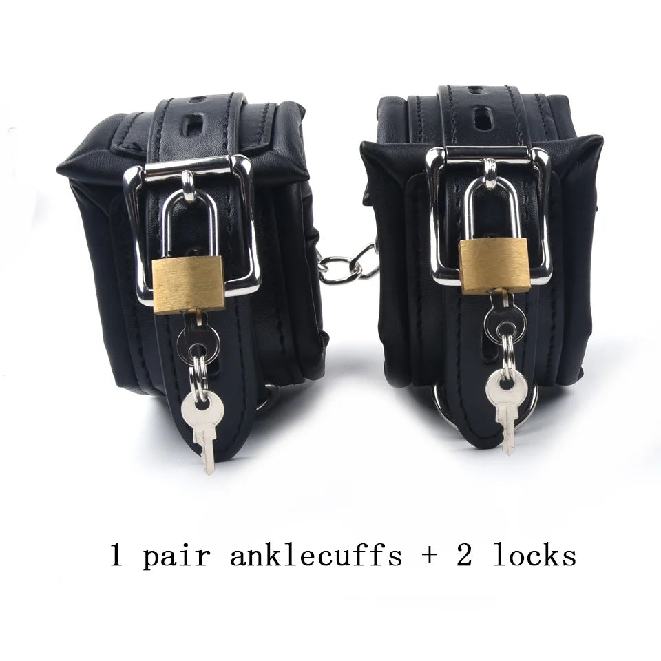 Black Leather Sponge Handcuffs For Sex Ankle Cuffs Bondage With Chain Lock Restraints Sex Toys for Adult Games Bdsm Bondage Set