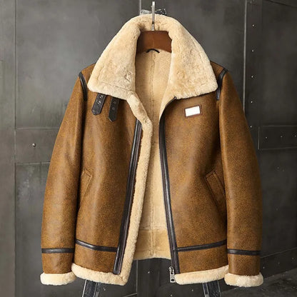 Denny&Dora Men's Brown Leather Shearling Bomber Jacket B3 Winter Parka Fur Coat Natural Sheepskin Outerwear for Cold Weather