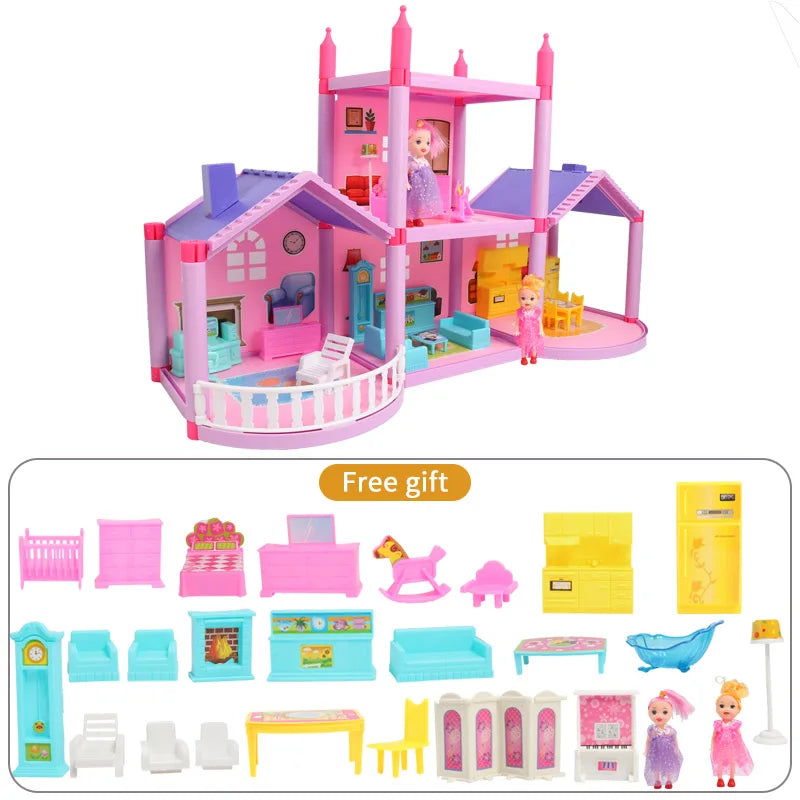 Baby DIY Doll house Toys Pink Assemble Princess Villa Handmade Construction Casa Miniature Furniture Dollhouse For Children Gift
