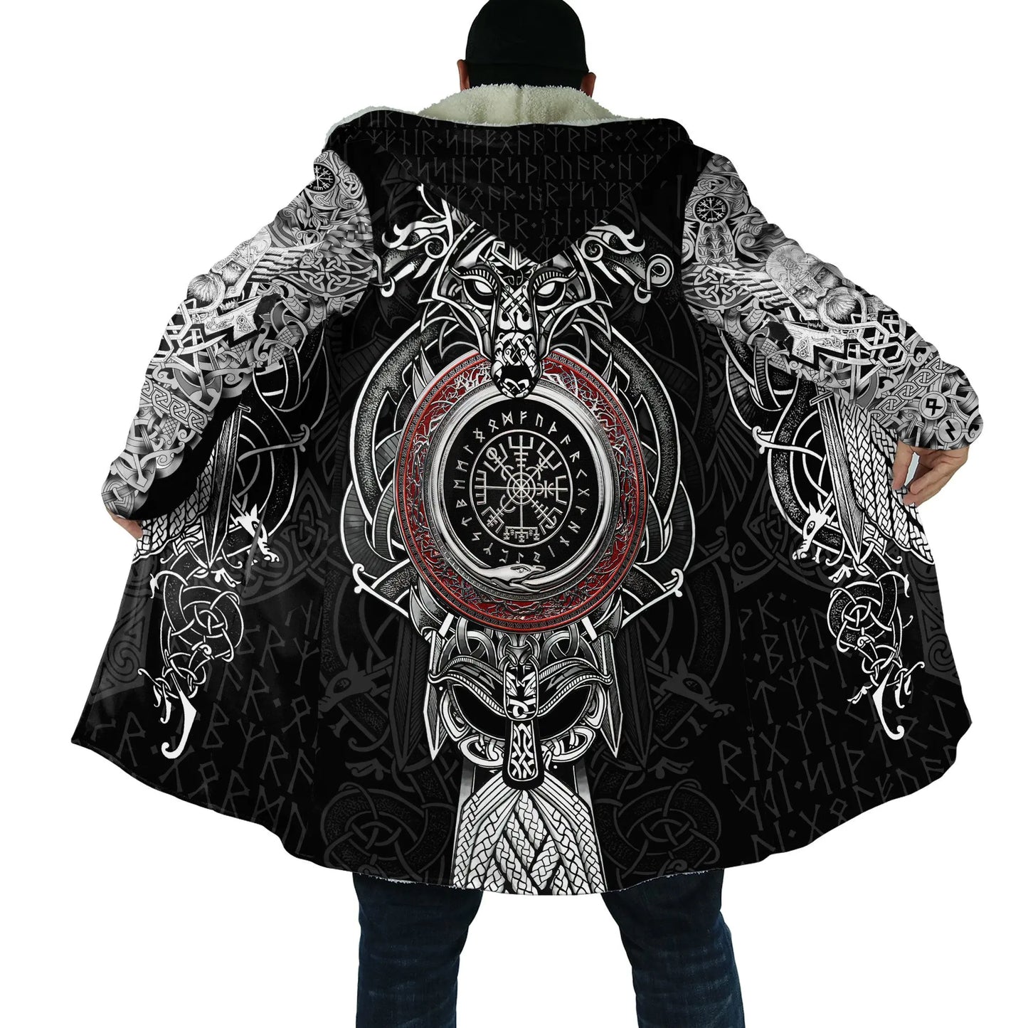 2025 Winter Fashion Mens Cloak Odin Raven Tattoo 3D Printing Fleece Hooded cloak Unisex Casual Thick Warm Cape coat PJ-01