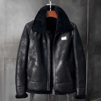 Denny&Dora Men's Brown Leather Shearling Bomber Jacket B3 Winter Parka Fur Coat Natural Sheepskin Outerwear for Cold Weather