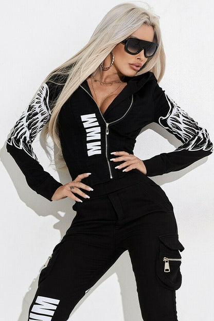 Oshoplive 2025 New Autumn Winter Female Fashion Wing Printed Hooded Zipper Jackets & Elastic Waist Pants Sports Two Piece Set