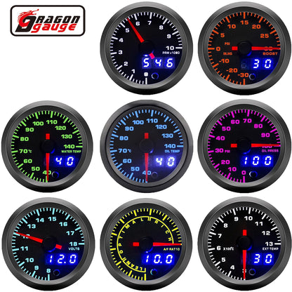 Dragon 52mm Car 7 Colors LED   Dual Display Boost Water Oil Temp Pressure Meter Volt Air Fuel Ratio EGT Gas Tachometer RPM Gauge