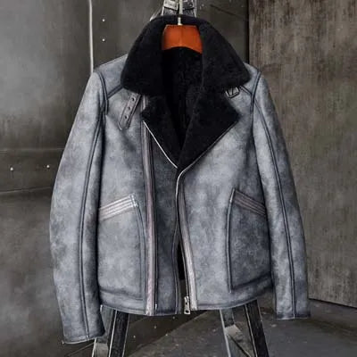 Denny&Dora Men's Brown Leather B3 Shearling Flight Jacket Short Fur Motorcycle Parkas Fashion Overcoat