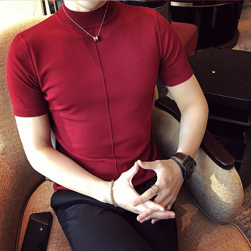 7 Colors Half High Collar Men T-shirt New 2026 Summer Short Sleeve  Solid Color Sweater Pullover T Shirt Slim Knitted Tees Top
