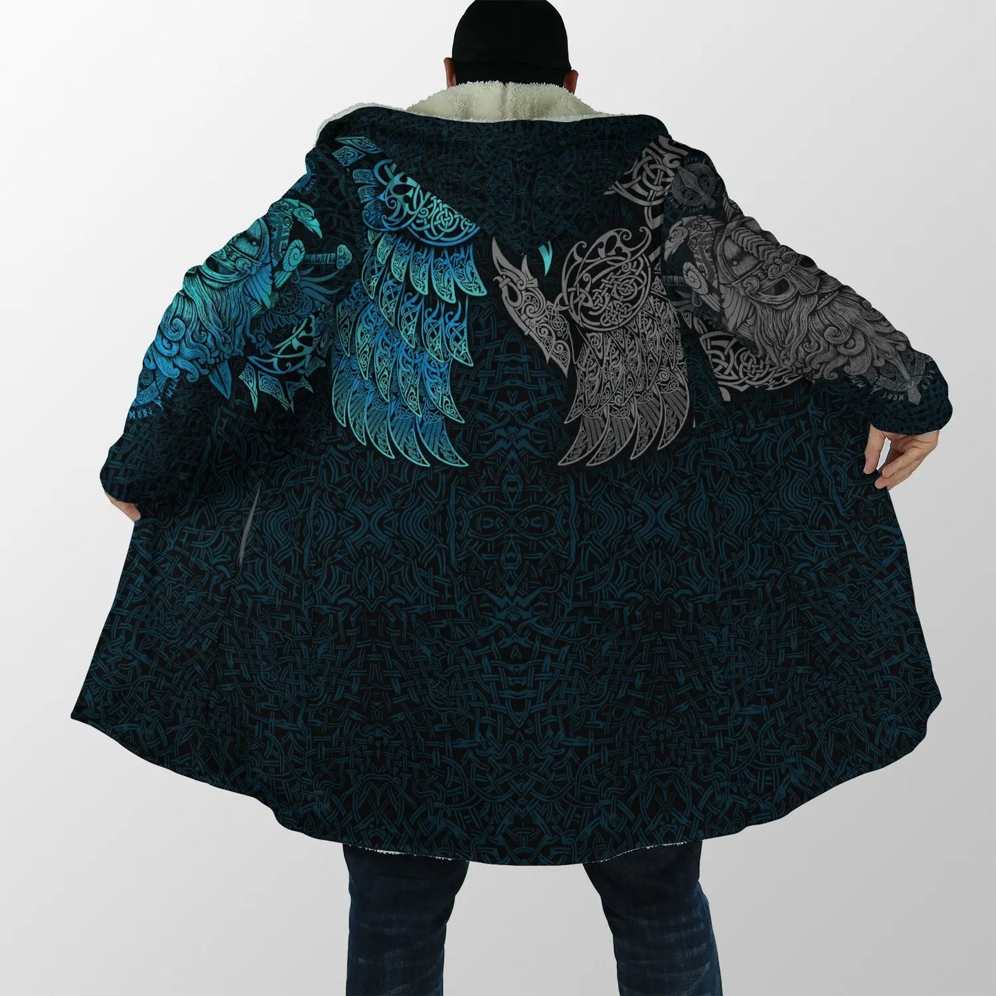 2023 Winter Mens Cloak Huginn Ravens of Midgard Gold 3D Printing Fleece Hooded cloak Unisex Casual Thick Warm Cape coat PF39