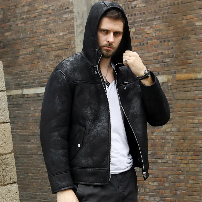 Denny&Dora Men's Shearling Jacket Black B3 Jacket Genuine Leather Sheepskin Hooded Winter Coat