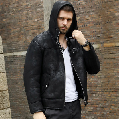 Denny&Dora Men's Shearling Jacket Black B3 Jacket Genuine Leather Sheepskin Hooded Winter Coat