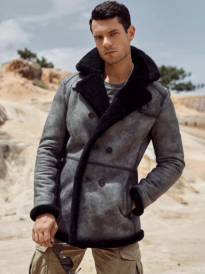 Denny&Dora Men's B3 Shearling Jacket Long Winter Leather Coat Gray Warm Casual Outerwear for Men