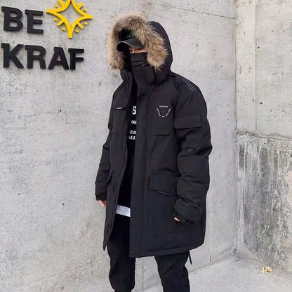 Men's White Duck Down Jacket Cargo Warm Hooded Thick Puffer Coats Couple High Quality Overcoat Thermal Winter Parka Streetwear