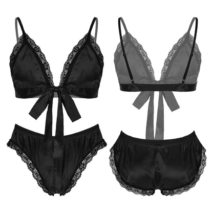 Men Satin Lingerie Suit Sissy Nightwear Sheer Mesh Patchwork Bra Tops with Briefs Thongs Exotic Sleepwear Gay Male Underwear
