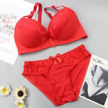 2024 New Sexy Push Up Bra Sets Lace Middle Mold Cup 2 Piece Thongs Underwear Solid Bow BCDE Female Plus Size Lingerie