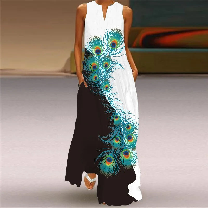 Sexy V-neck Sleeveless Dress For Women Summer Fashion Sundress Retro Print Long Dresses With Pocket Maxi Dress Femme Vestidos