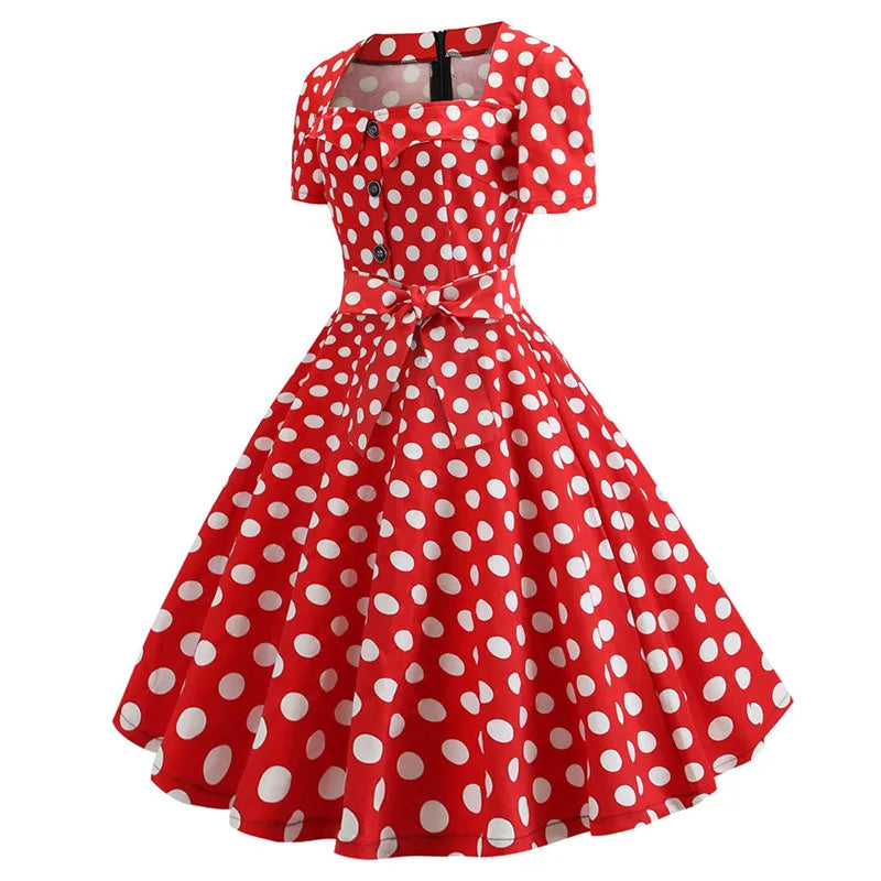 Women's Polka Dot Summer Midi Dress Square Collar Short Sleeve Elegant Vintage Casual Party Holiday Wear