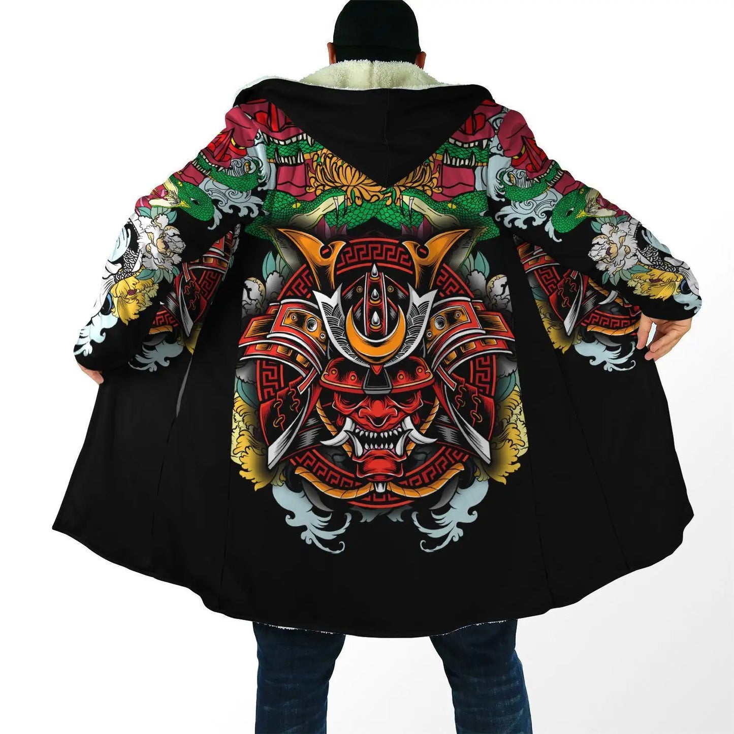 Drop shipping Winter Mens Cloak Samurai Oni Mask Tattoo 3D Printing Fleece Hooded cloak Unisex Casual Thick Warm Cape coat PF31