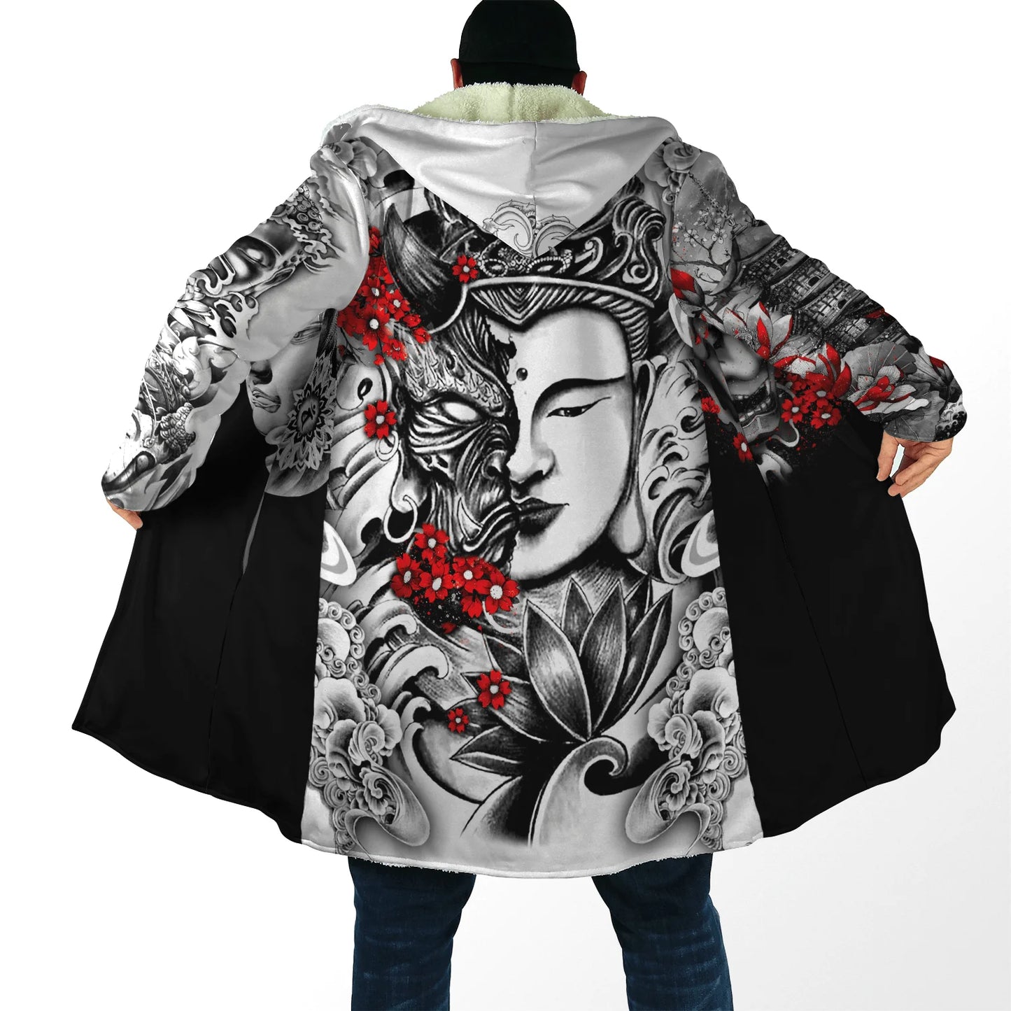 2024 winter Mens Hooded cloak Samurai Oni Mask Tattoo 3D Printing Fleece wind breaker Unisex Casual Warm Hood cloak PF04