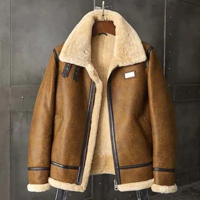 Denny&Dora Men's Brown Leather Shearling Bomber Jacket B3 Winter Parka Fur Coat Natural Sheepskin Outerwear for Cold Weather
