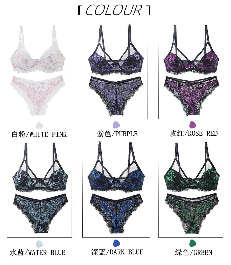 Women Ultra-thin BCDE Cup Mesh Lace Underwear Transparent Bra Sets Beauty Back Hollow Embroidery Female Lingerie