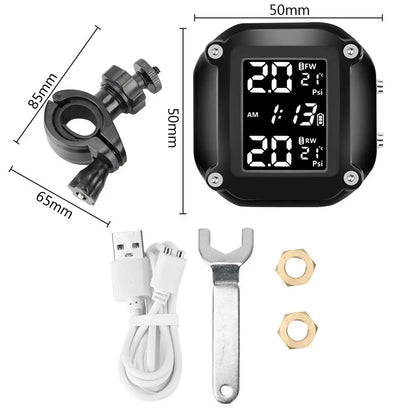 Motorcycle TPMS Sensor LCD Display Motor Tire Pressure Temperature  Monitoring Alarm System With 2 External Sensors USB Charging