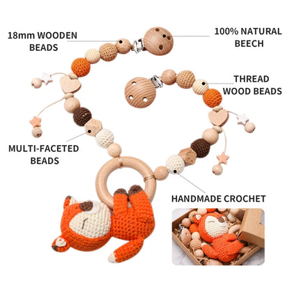 Baby New Animals Stroller Chain Wooden Pram Clip Pacifier Clip Chain Crochet Animal Teething Bracelet Mobile Stroller Toys