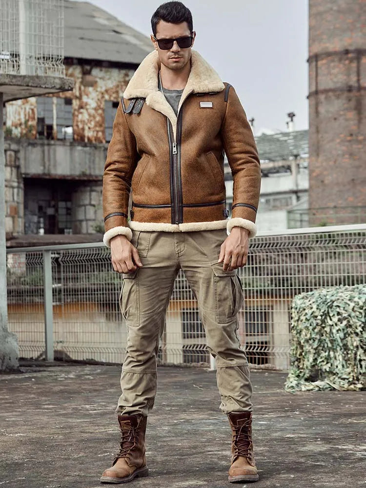Denny&Dora Men's Brown Leather Shearling Bomber Jacket B3 Winter Parka Fur Coat Natural Sheepskin Outerwear for Cold Weather