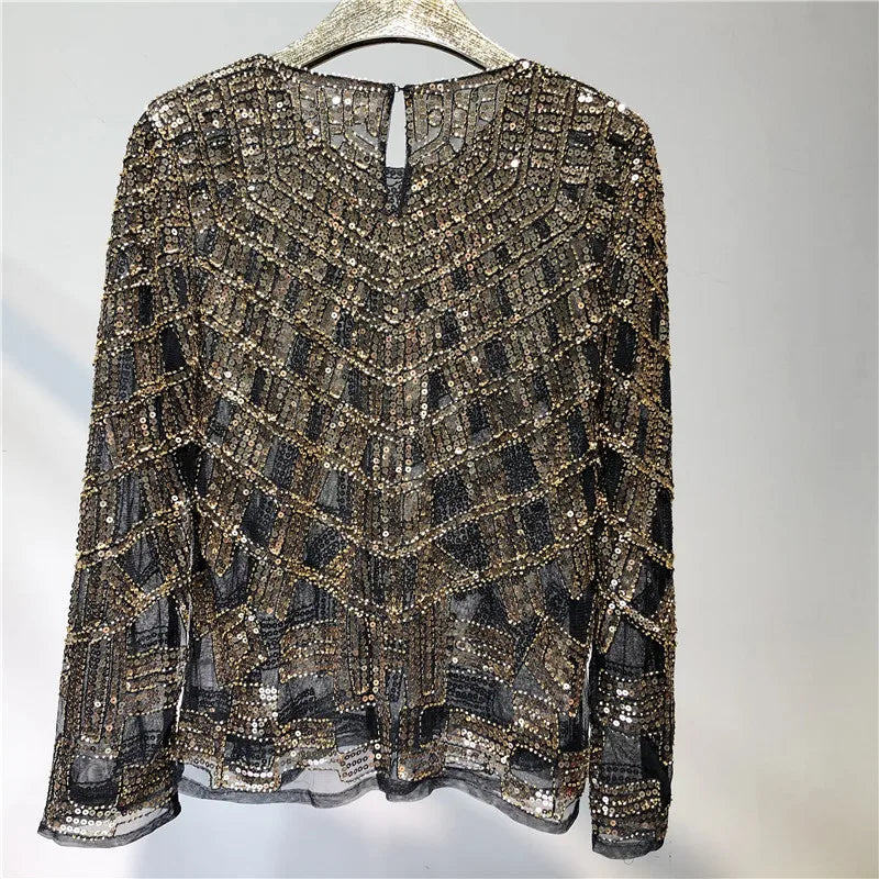 Fashion Sequin Beading Shirt Women Luxury Sexy Full Sleeve O-neck Pullovers Tops