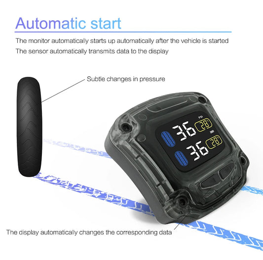 Careud TPMS Wireless Motorcycle Tire Pressure Monitoring System with 2 Internal/External Sensors LED Display USB Charge
