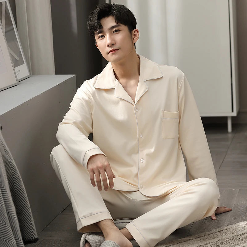 Blue Cotton Pajamas Winter Men Sleepwear Nightwear Full Sleeves PJ Pijama Hombre Home Clothes 2 Pieces Set Cotton Pyjama Homme