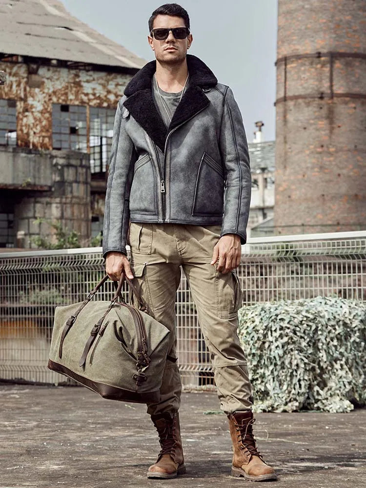 Denny&Dora Men's Grey Shearling Jacket B3 Flight Style Short Leather Motorcycle Coat with Fur Lining