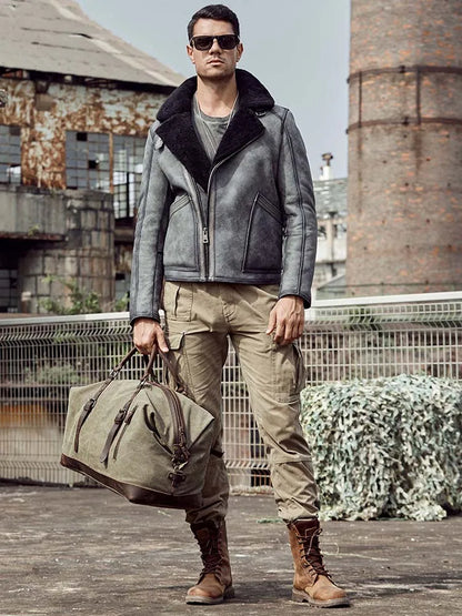 Denny&Dora Men's Grey Shearling Jacket B3 Flight Style Short Leather Motorcycle Coat with Fur Lining