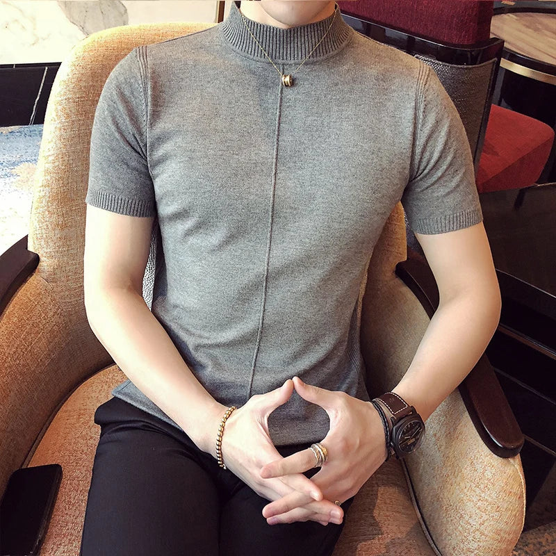 7 Colors Half High Collar Men T-shirt New 2026 Summer Short Sleeve  Solid Color Sweater Pullover T Shirt Slim Knitted Tees Top