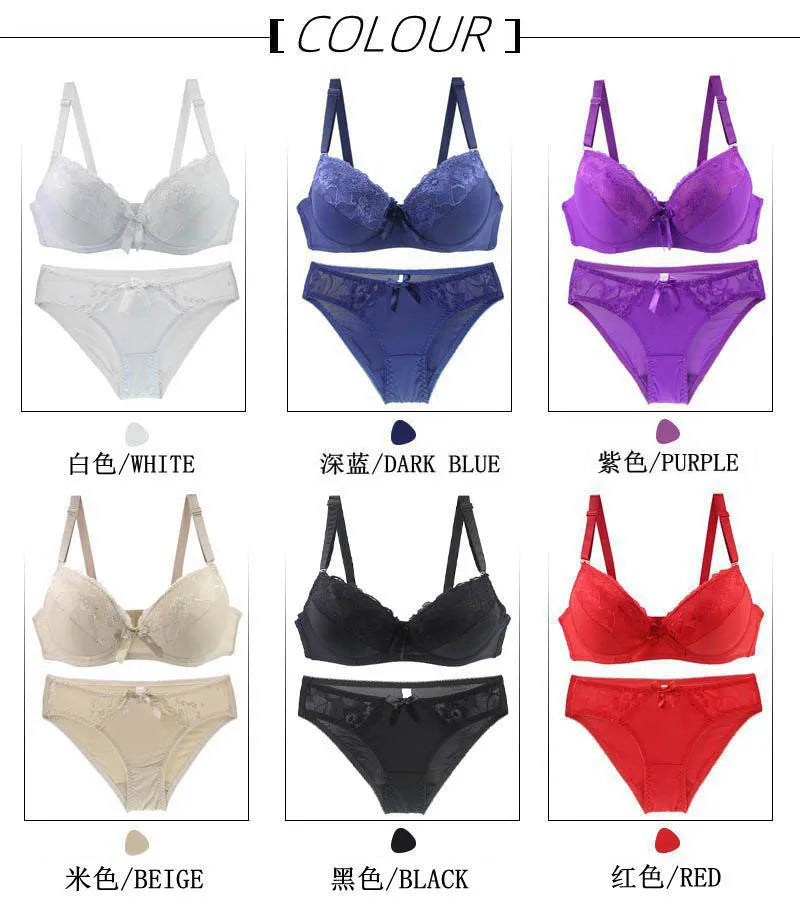 2024 New Sexy Push Up Bra Sets Lace Middle Mold Cup 2 Piece Thongs Underwear Solid Bow BCDE Female Plus Size Lingerie