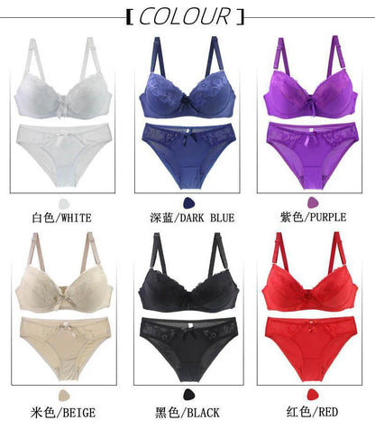 2024 New Sexy Push Up Bra Sets Lace Middle Mold Cup 2 Piece Thongs Underwear Solid Bow BCDE Female Plus Size Lingerie
