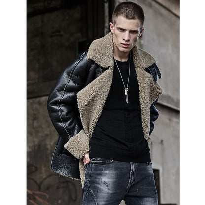 Denny&Dora Mens Sheepskin Shearling Jacket Fur Coat Leather Jacket Fashion Loose Thick Winter Mens Coats