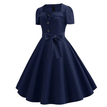 Women's Polka Dot Summer Midi Dress Square Collar Short Sleeve Elegant Vintage Casual Party Holiday Wear