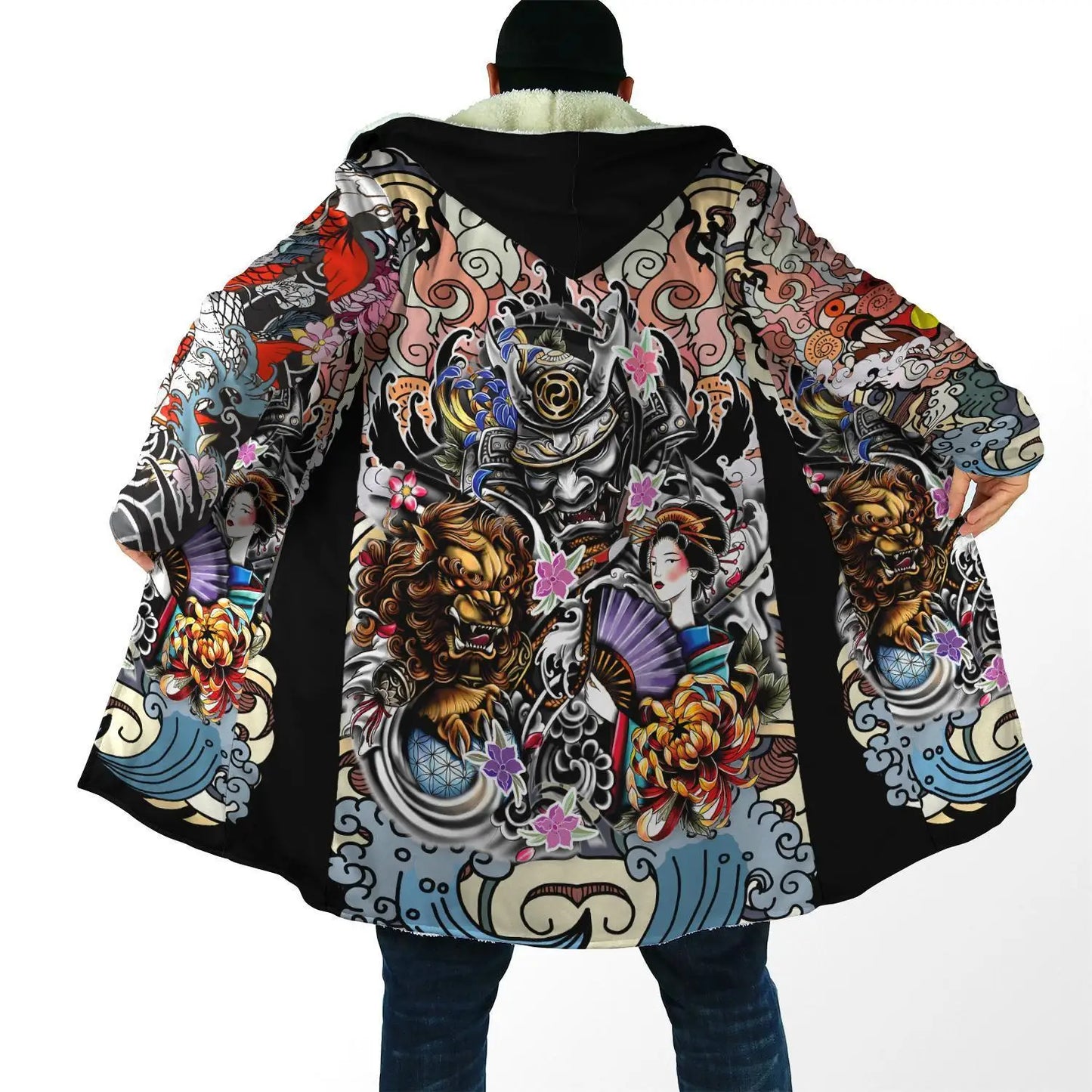 Drop shipping Winter Mens Cloak Samurai Oni Mask Tattoo 3D Printing Fleece Hooded cloak Unisex Casual Thick Warm Cape coat PF31