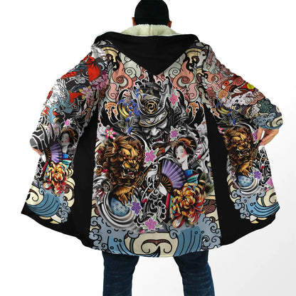 Drop shipping Winter Mens Cloak Samurai Oni Mask Tattoo 3D Printing Fleece Hooded cloak Unisex Casual Thick Warm Cape coat PF31