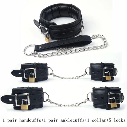 Black Leather Sponge Handcuffs For Sex Ankle Cuffs Bondage With Chain Lock Restraints Sex Toys for Adult Games Bdsm Bondage Set