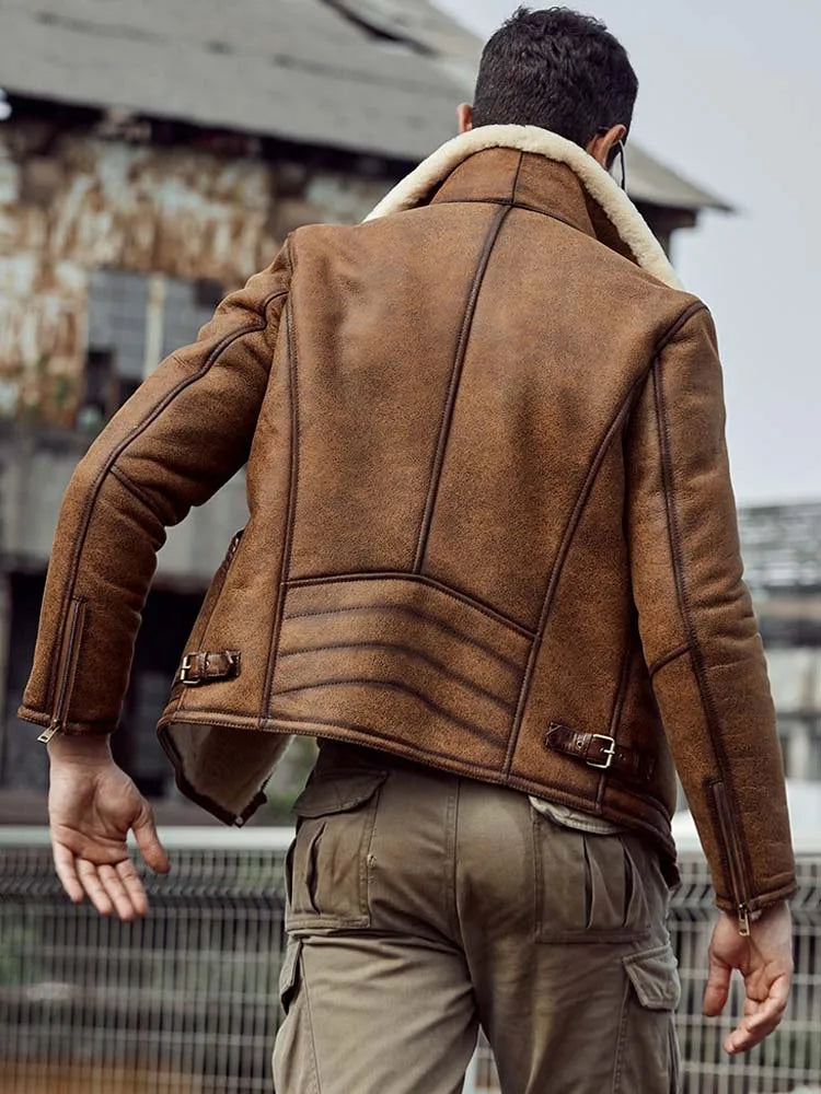 Denny&Dora Men's Brown Leather B3 Shearling Flight Jacket Short Fur Motorcycle Parkas Fashion Overcoat