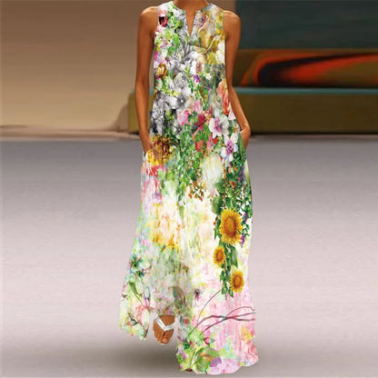 Sexy V-neck Sleeveless Dress For Women Summer Fashion Sundress Retro Print Long Dresses With Pocket Maxi Dress Femme Vestidos